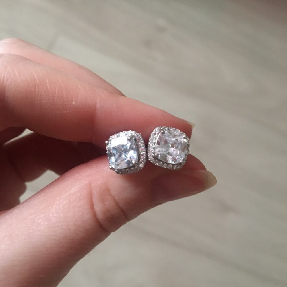 Silver Diamond Halo Cushion Stud Earrings, NEW - Picture 10 of 10